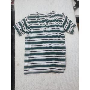 Vintage 90s Striped Henley Shirt Women’s M Green Blue Y2k Preppy Pickleball Golf